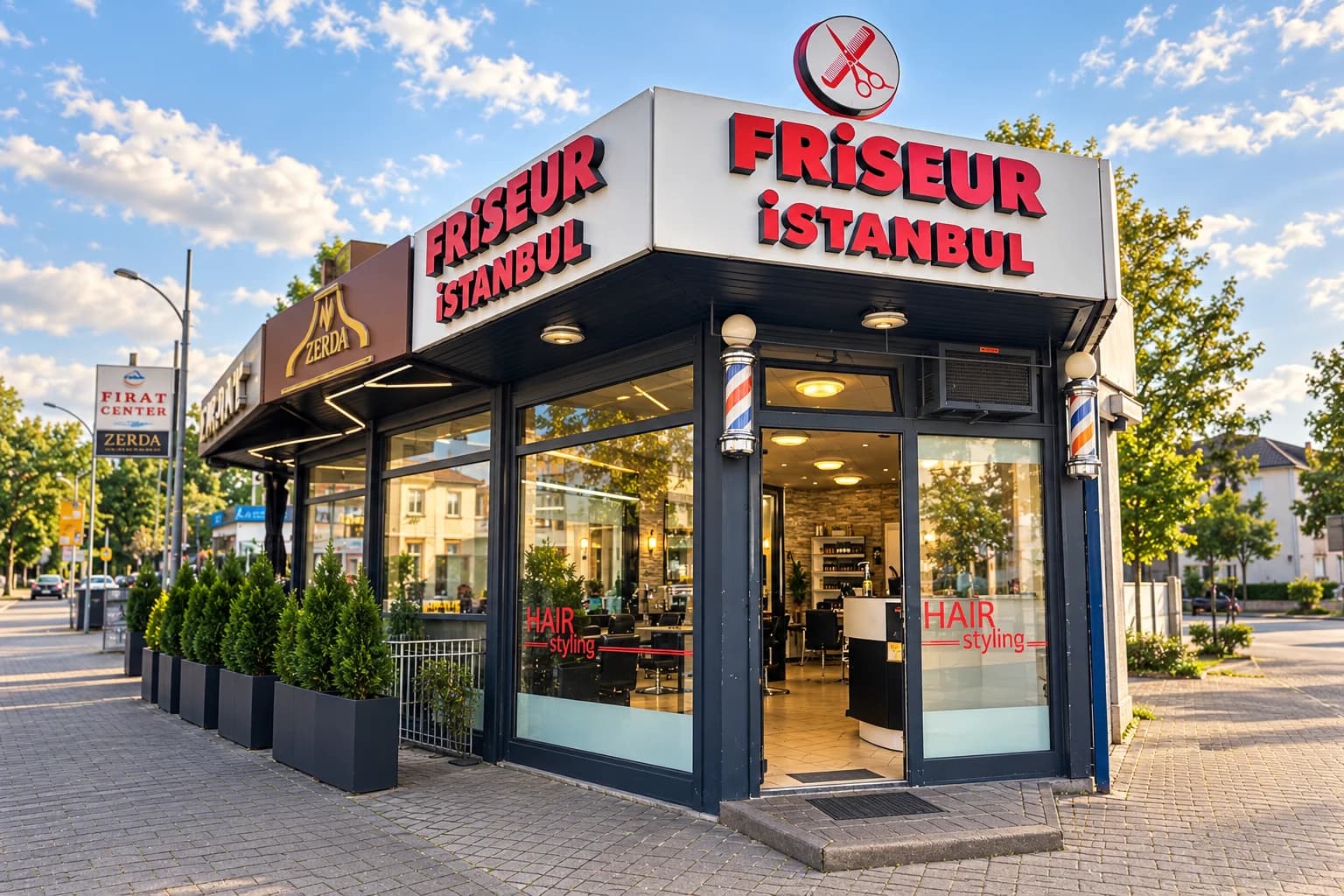 Gestaltete Außenansicht von Friseur Istanbul mit rotem Schriftzug